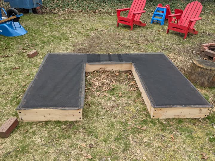 The raised bed frame with landscape fabric and hardware cloth, upside down